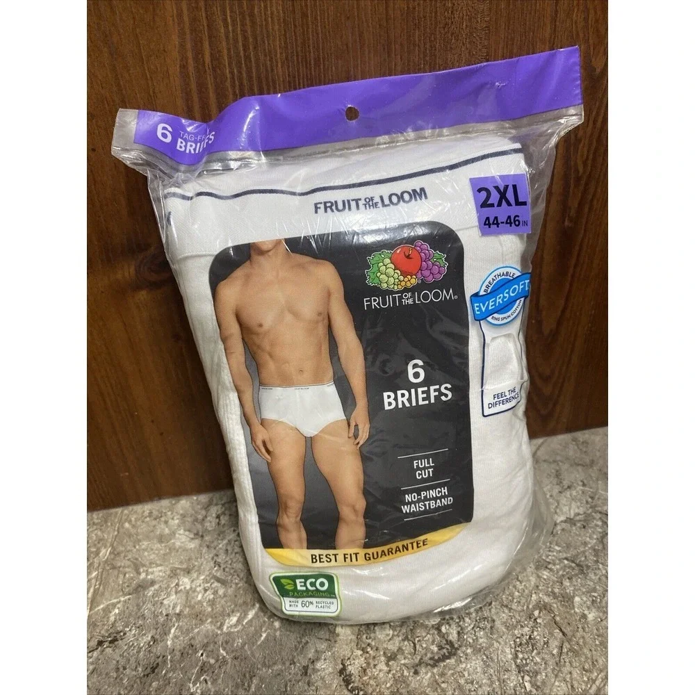 Fruit of the Loom Men's‎ White Briefs Underwear, 6 Pack, Size 2XL New